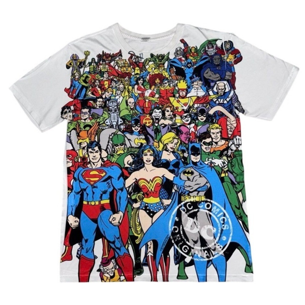 DC Comics 80s Unisex M White All Over Print Justice League Heroes Graphic Tee
